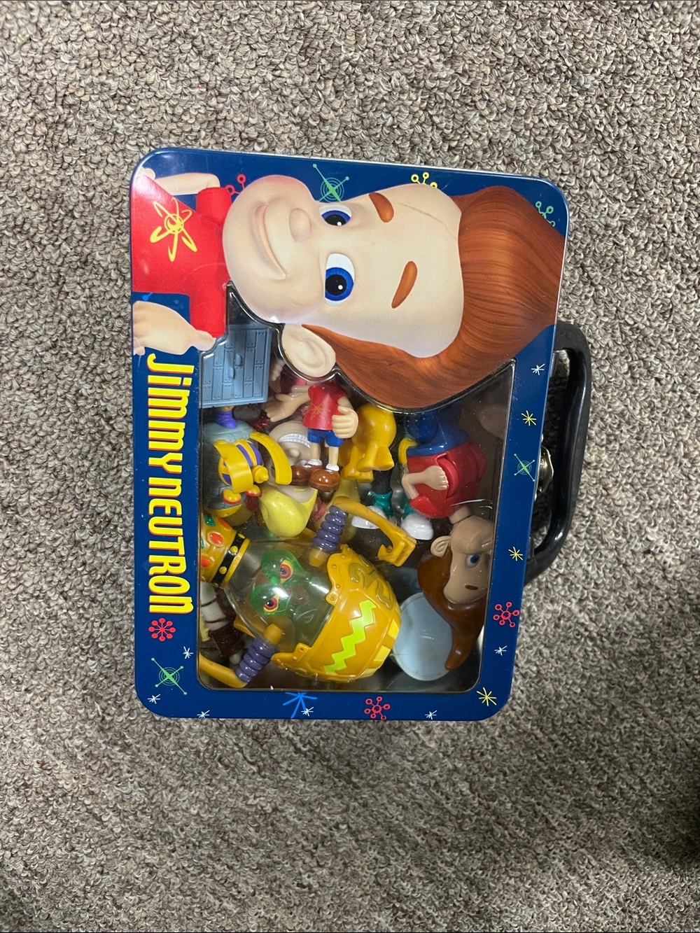 Jimmy Neutron 2002 Vintage Lunch Tin and Action Figures with accessories